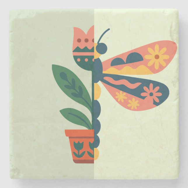 Whimsical floral dragonfly Design Stone Coaster (Front)