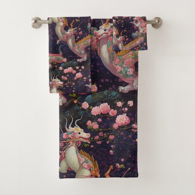 Whimsical Floral Dragons Bath Towel Set (Insitu)