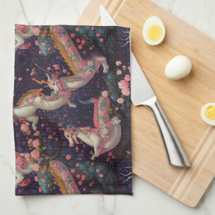 Whimsical Floral Dragons Tea Towel