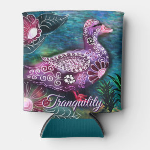 Whimsical Floral Duck Purple Teal Personalised Can Cooler