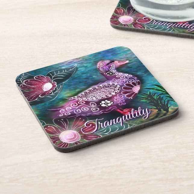 Whimsical Floral Duck Purple Teal Personalised Coaster (Left Side)