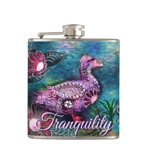Whimsical Floral Duck Purple Teal Personalised Hip Flask