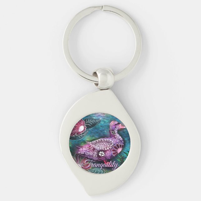 Whimsical Floral Duck Purple Teal Personalised Key Ring (Front)