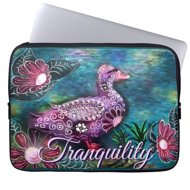 Whimsical Floral Duck Purple Teal Personalised Laptop Sleeve (Front)