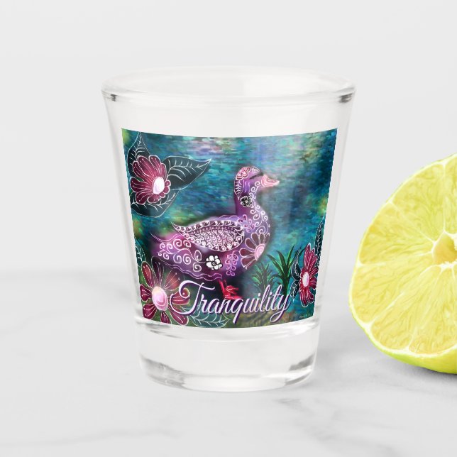Whimsical Floral Duck Purple Teal Personalised Shot Glass (Front)