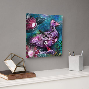 Whimsical Floral Duck Purple Teal Personalised Square Wall Clock