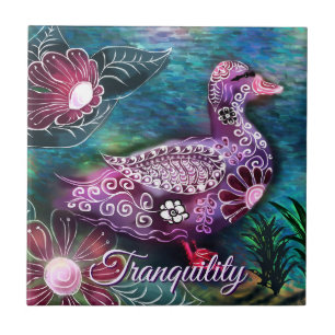 Whimsical Floral Duck Purple Teal Personalised Tile