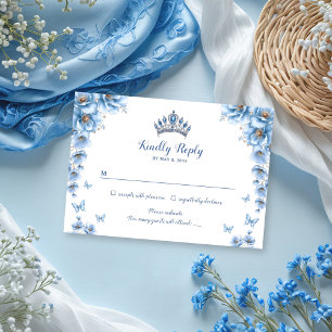 Whimsical Floral Dusty Blue Princess Quinceañera  RSVP Card