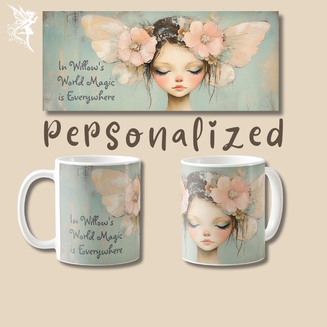 Whimsical Floral Fairy Butterfly Wings Custom Name Coffee Mug (Creator Uploaded)
