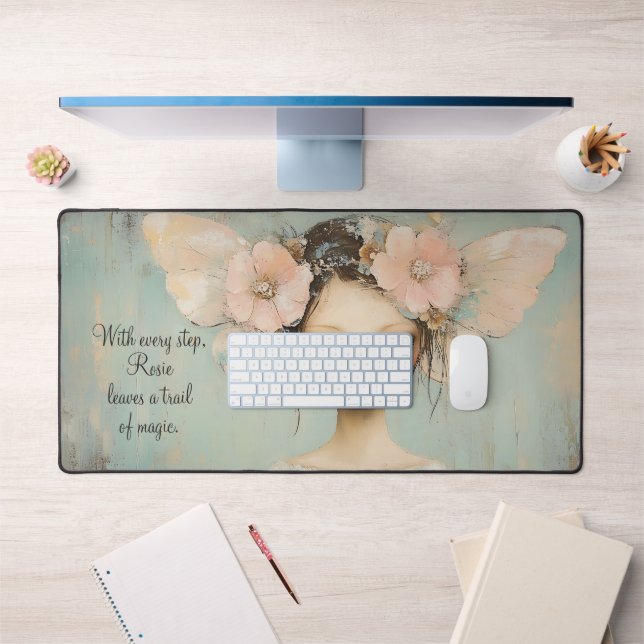 Whimsical Floral Fairy Butterfly Wings Custom Name Desk Mat (Office 1)