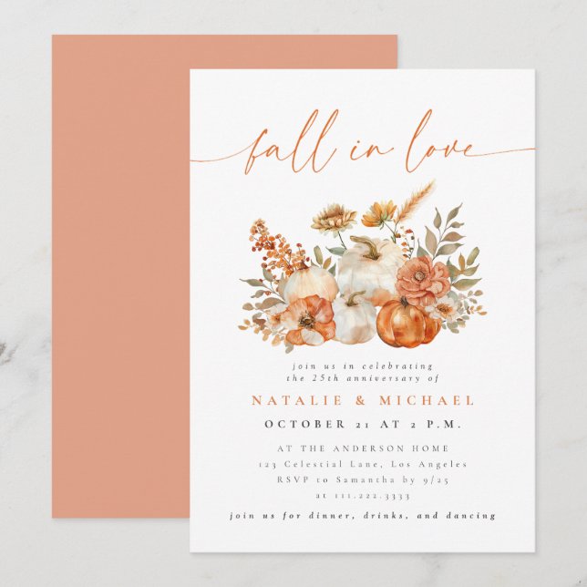 Whimsical Floral Fall in Love Wedding Anniversary Invitation (Front/Back)