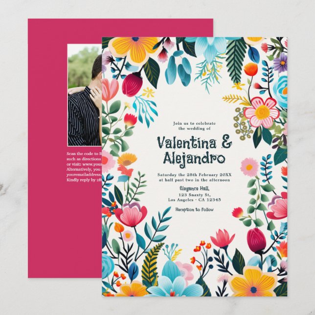 Whimsical Floral Fiesta Wedding Photo and QR Code Invitation (Front/Back)