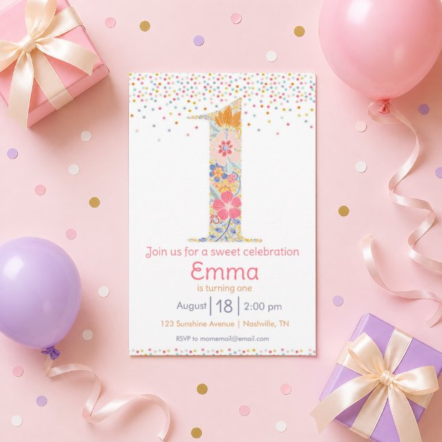 Whimsical Floral First Birthday Invitation (Creator Uploaded)