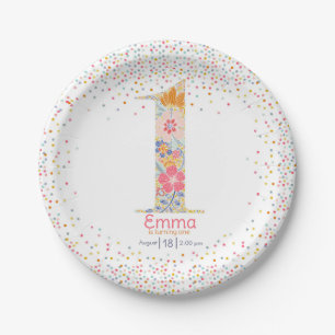 Whimsical Floral First Birthday Invitation Paper Plate