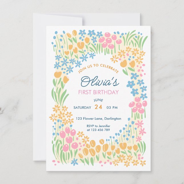 Whimsical Floral First Birthday Party Invitation (Front)