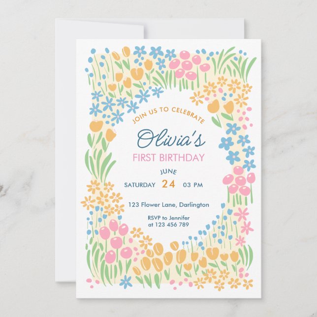 Whimsical Floral First Birthday Party Invitation (Front)