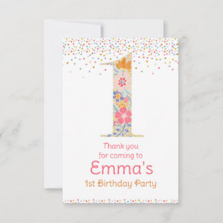 Whimsical Floral First Birthday Thank you card