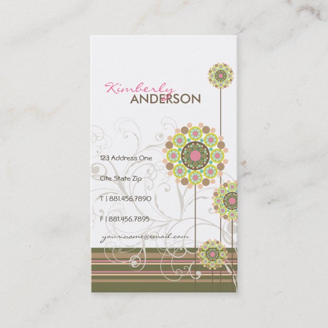 Whimsical Floral Flower Dots Swirls Trendy Stripes Business Card (Front)