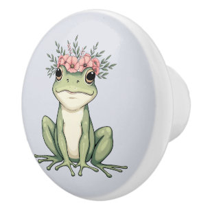 Whimsical Floral Frog Cottagecore Art  Ceramic Knob