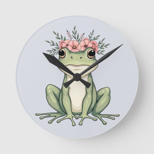 Whimsical Floral Frog Cottagecore Art Round Clock (Front)