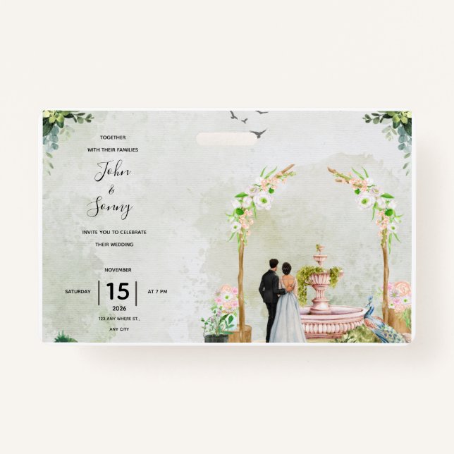 Whimsical Floral Garden Wedding Invitation – Elega ID Badge (Front)