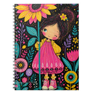 Whimsical Floral Girl Illustration Colourful Folk Notebook