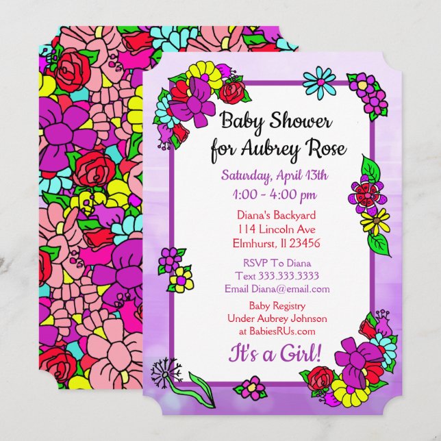 Whimsical Floral Girl's Baby Shower Purple, Red Invitation (Front/Back)