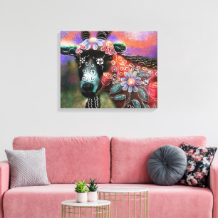 Whimsical Floral Goat Farm Animal Floral Peach Canvas Print