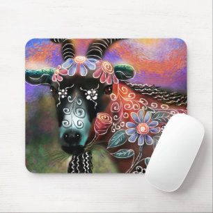 Whimsical Floral Goat Farm Animal Floral Peach Mouse Mat