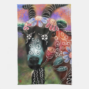 Whimsical Floral Goat Farm Animal Floral Peach Tea Towel