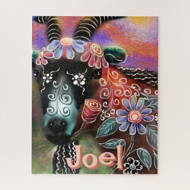 Whimsical Floral Goat Farm Animal Personalised Jigsaw Puzzle (Vertical)