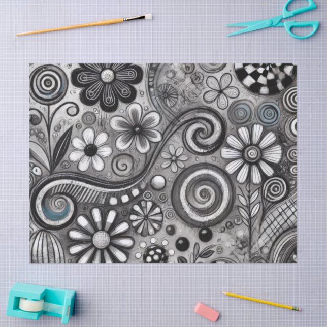 Whimsical Floral Grayscale Black White Decoupage Tissue Paper (Craft)