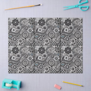 Whimsical Floral Grayscale Black White Decoupage Tissue Paper