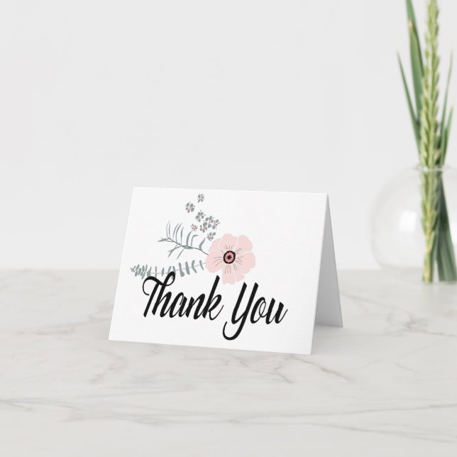 Whimsical Floral Grey Pink Flower Motif Thank You Card (Front)