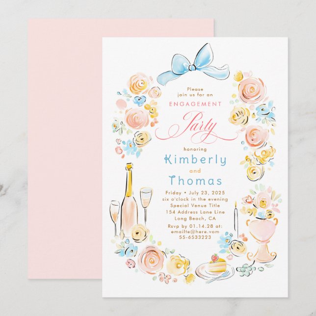 Whimsical Floral Hand Drawn Bow Engagement Party Invitation (Front/Back)