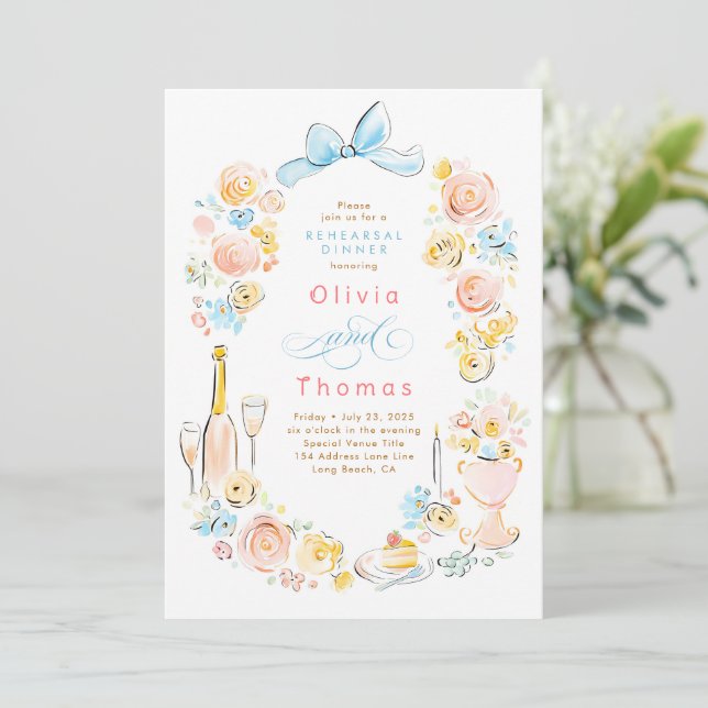 Whimsical Floral Hand Drawn Bow Rehearsal Dinner Invitation (Standing Front)