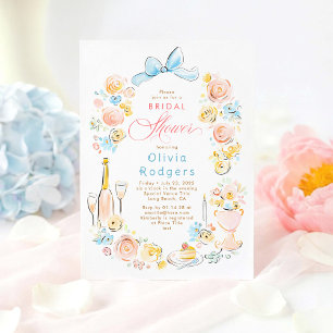 Whimsical Floral Hand Drawn Chic Bow Bridal Shower Invitation
