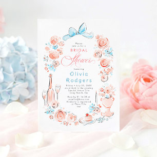 Whimsical Floral Hand Drawn Chic Bow Bridal Shower Invitation