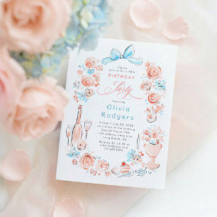 Whimsical Floral Hand Drawn Coquette Bow Birthday Invitation