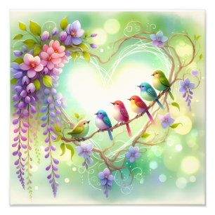 Whimsical Floral Heart Birds Watercolor Design Photo Print