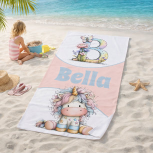 Whimsical Floral Initial With Unicorn For Kids Beach Towel