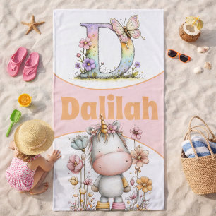 Whimsical Floral Initial With Unicorn For Kids Beach Towel