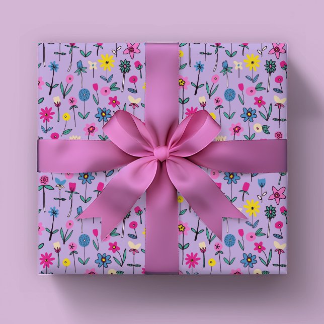 Whimsical Floral Kids pattern Wrapping Paper Sheet (Lilac wildflower floral wrapping paper sheets ideal for girls birthday)