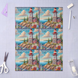 Whimsical Floral Lighthouse Nautical Decoupage Tissue Paper