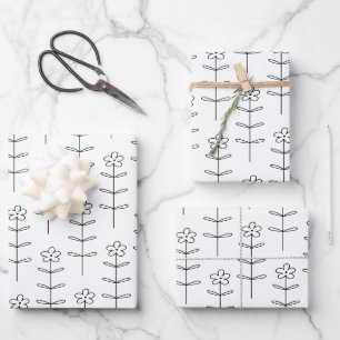 Whimsical Floral Line Art Sketch Black and White  Wrapping Paper Sheet