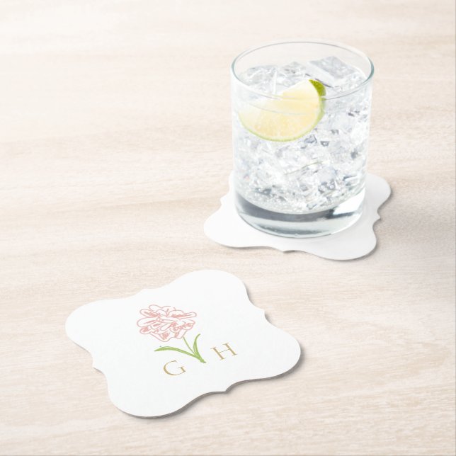Whimsical Floral Line-drawn Rose Wedding Paper Coaster (Insitu)