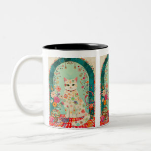 Whimsical Floral Meadow Cat Art Two-Tone Coffee Mug