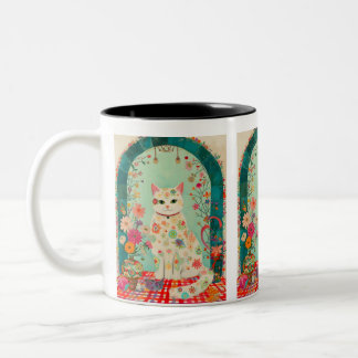 Whimsical Floral Meadow Cat Art Two-Tone Coffee Mug