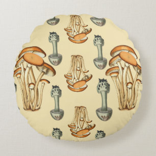Whimsical Floral Mushroom Pattern Round Cushion
