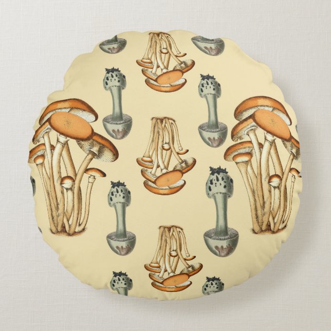Whimsical Floral Mushroom Pattern Round Cushion (Front)